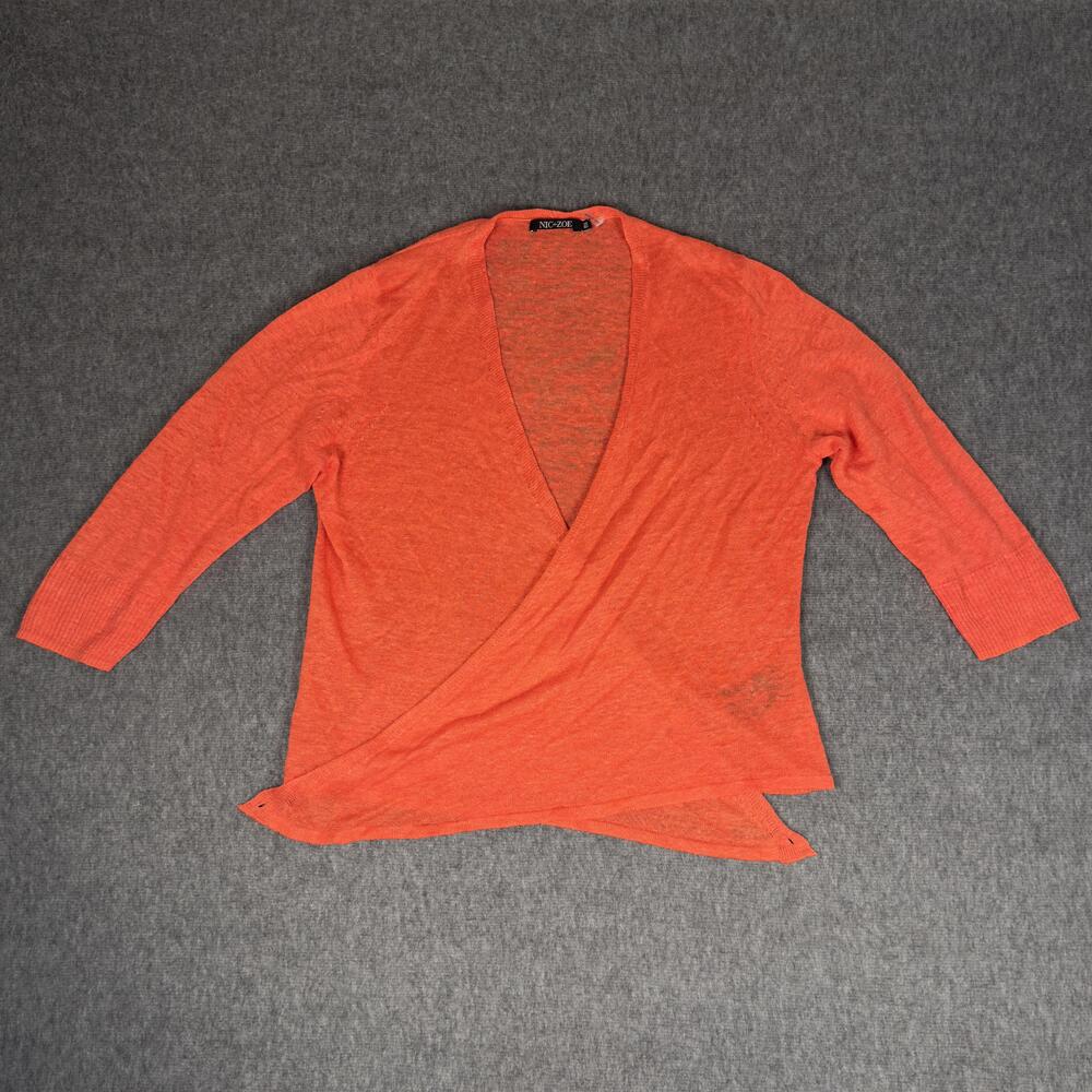 NIC+ZOE Wrap Sweater Womens Medium Orange Linen Blend 3/4 Sleeve Open Knit